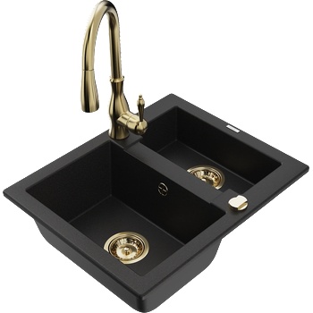 Mexen Carlos гранитна кухненска мивка с 1, 5 камери и кухненски смесител Savita, черен - 6518-77-672601-50 (6518-77-672601-50)