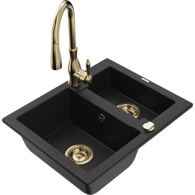 Mexen Carlos гранитна кухненска мивка с 1, 5 камери и кухненски смесител Savita, черен - 6518-77-672601-50 (6518-77-672601-50)