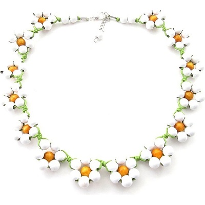 Kouzlo bižuterie Dřevěné korále náhrdelník květinky kopretinky na zeleném lanku