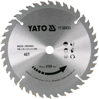 Kotouč na dřevo 190 x 16 mm 40z Yato YT-60633