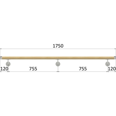 madlo drevené (1750mm), materiál: buk, brúsený povrch bez náteru, set: 3 ks úchyt, madlo s nerezovým ukončením