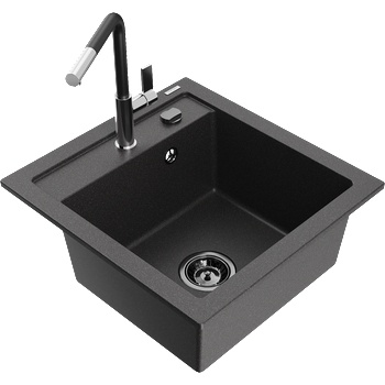 Mexen Vito мивка от гранит с 1 комора и кухненски смесител Flora, черно накапване - 6503-76-670401-07-B (6503-76-670401-07-B)