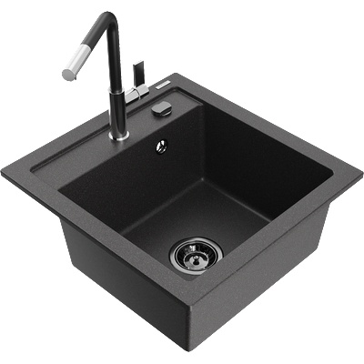 Mexen Vito мивка от гранит с 1 комора и кухненски смесител Flora, черно накапване - 6503-76-670401-07-B (6503-76-670401-07-B)