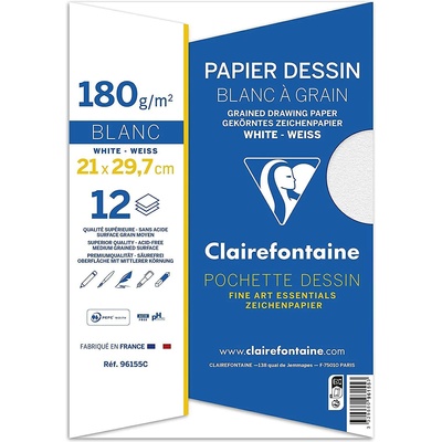 Clairefontaine Хартия за рисуване 12 листа в опаковка A4 (297 x 210 mm) 180 g/m2, бяла Clairefontaine 96155C