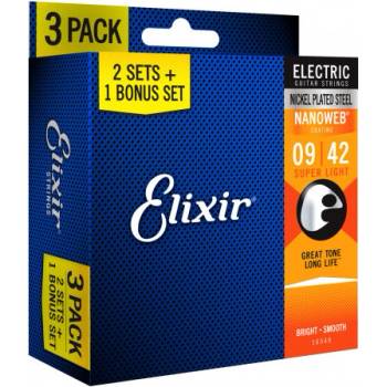 Elixir 16540 Nanoweb Super Light 9-42 3 Pack Set Electric Strings