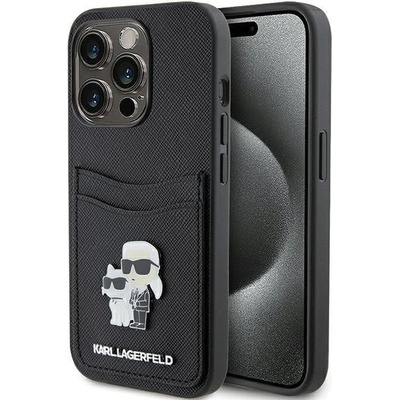 KARL LAGERFELD Кейс Karl Lagerfeld KLHCP15LSAPKCNPK за iPhone 15 Pro 6.1", черен / черен, твърд, Saffiano Cardslot Karl&Choupette Metal Pin (3666339165536)