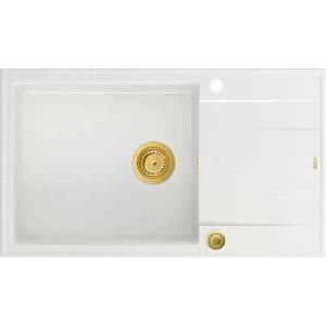 Quadron Unique Evan 136 XL вградена композитна мивка бяло-златна 86x50 см (HCQE58650U1_PVDG1_P2O) Мивка за вграждане