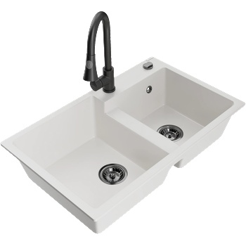 Mexen Tomas гранитна мивка с 2 отделения с кухненски смесител Elia, бял - 6516-20-670101-70 (6516-20-670101-70)