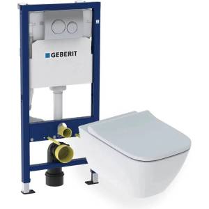 Geberit Промоционален комплект окачена тоалетна чиния + капак Geberit Smyle Square slim с плавно затваряне + скрито казанче със система за закрепване + хромиран капак Geberit Duofix Delta (500.683.00.2+458.13