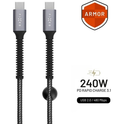 Nabíjecí a datový odolný kabel FIXED Armor s konektory USB-C/USB-C a podporou PD, 1.2 m, USB 2.0, 240W, šedý