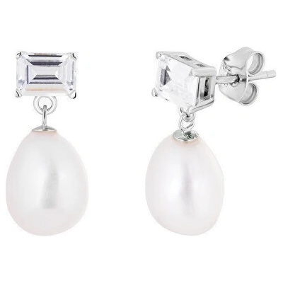 Preciosa stříbrné náušnice Glam s říční perlou a kubickou zirkonií 5415 01