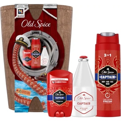 Old Spice Captain deodorant 50 ml + sprchový gél 3v1 na tvár, telo a vlasy 250 ml + voda po holení 100 ml + drevený barel