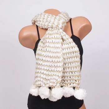 Image 1 of Плетен шал в бяло и бежово с пухкави помпони