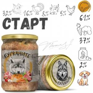 Benvita СТАРТ- пуешко, свинско, говеждо, пилешко и зеленчуци за подрастващи кучета от всички породи, 500 гр - БЪЛГАРИЯ - 2221-6