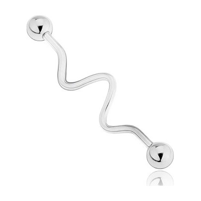 Šperky eshop ocelový zvlněný piercing do ucha ukončený kuličkami AC8.10