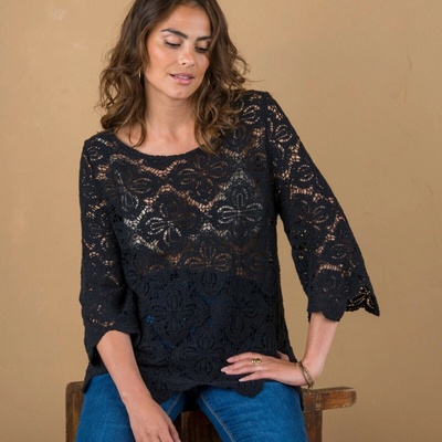 Blancheporte Macramé tričko s rozšírenými 7/8 rukávmi čierna