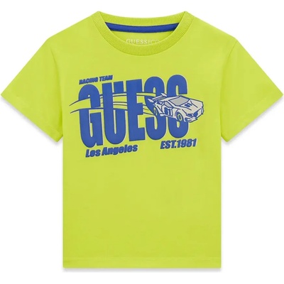 GUESS Жълто-зелена тениска за мини момче със син надпис и кола Guess