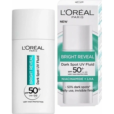L'Oréal Paris Bright Reveal Dark Spot UV Fluid SPF50+ denní pleťový fluid Bright Reveal Dark Spot UV Fluid SPF50 50 ml + pleťové sérum Bright Reveal Niacinamide Dark Spot Serum 30 ml pro ženy