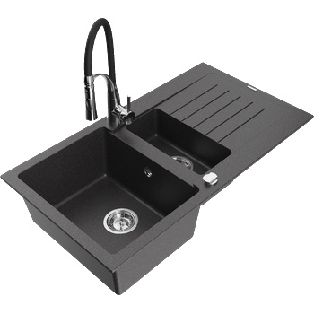 Mexen Matias гранитна мивка с 1, 5 камери с отцедник и кухненски смесител Aster, черен на пръски - 6502-76-73450-07 (6502-76-73450-07)