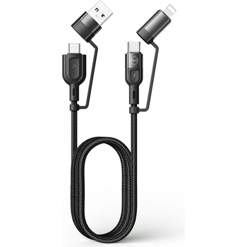 Xmart Кабел Xmart 4 в 1 Type-C към Type-C с преходници към Apple Lightning и USB-A, PD, QC3.0, 1.2 м, Черен (12726)