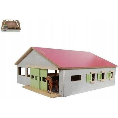 Kids Globe Stáj pro koně se 7 boxy a růžovou střechou 1:24