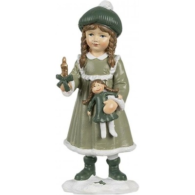 Dekorativní figurka holčička v zeleném kabátku s panenkou a svíčkou – 11 cm