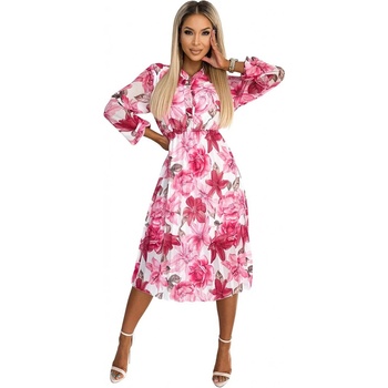 Plisované kvetované midi šaty s gombíkmi a dlhým rukávom Jordan 449-5