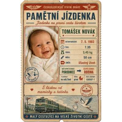 Bezvadary.cz | Originální dárek k narození dítěte – pamětní jízdenka s vlastní fotografií - A4 (30x21cm) jízdenka 20