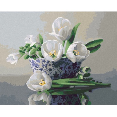 Zuty Malování podle čísel ZÁTIŠÍ BÍLÉ TULIPÁNY V MODROBÍLÉ MÍSE PIETER WAGEMANS
