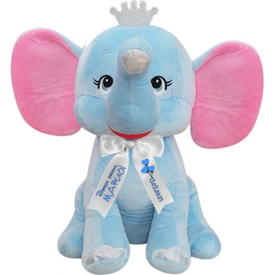 Плюшен слон с надписана панделка, син, 35 см (1255-Н)