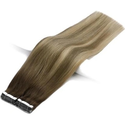 Vlasové PU pásky tape in na prodlužování vlasů 40cm ombré balayage 08/14/60 světle hnědá / tmavá blond / platina – Sleviste.cz