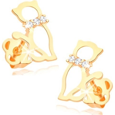 Šperky Eshop - Náušnice ve žlutém 14K zlatě - obrys kočky s diamantovým obojkem S3BT502.02