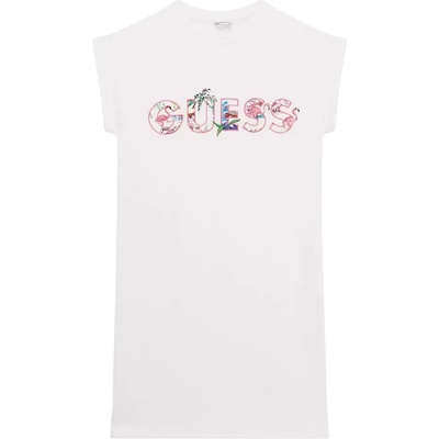 Guess Памучна спортна рокля в бяло за момиче с многоцветен надпис Guess