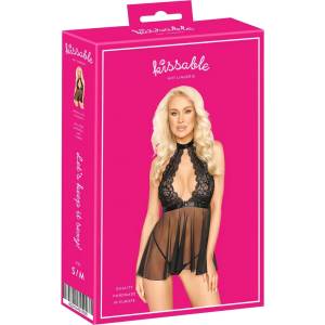 Kissable - нощница babydoll с яка и дантела - черна - L/XL - desirel