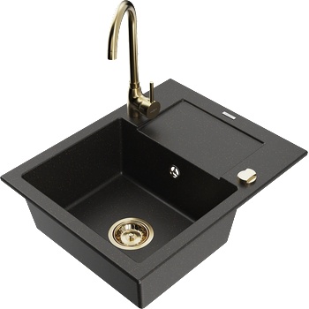 Mexen Enzo кухненска мивка от гранит с 1 отделение с изсушител и кухненски кран Telma, черен/златист - 6506-75-670200-50 (6506-75-670200-50)