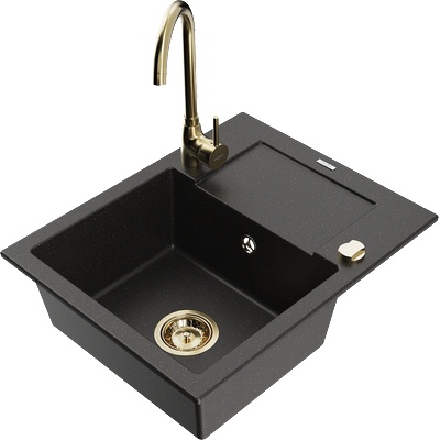 Mexen Enzo кухненска мивка от гранит с 1 отделение с изсушител и кухненски кран Telma, черен/златист - 6506-75-670200-50 (6506-75-670200-50)