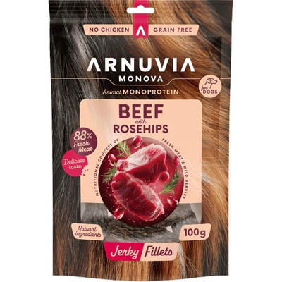 Arnuvia Monova maškrty Dog Jerky Fillets Beef & Rosehips 100 g