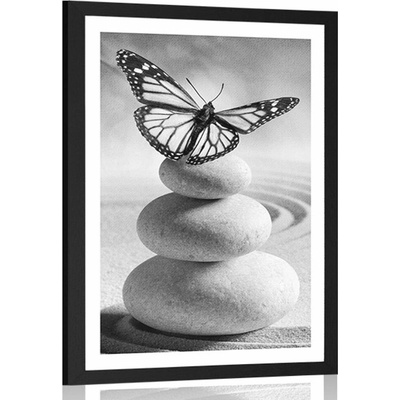 Plakát s paspartou rovnováha kamenů a motýl v černobílém provedení - 40x60 silver