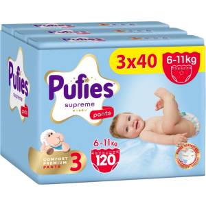 pufies Пелени гащи Pufies Supreme - Размер 3 Midi, 120 броя, 6-11 kg, 3 x Value Pack (54000277) - baby