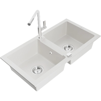 Mexen Mario гранитна кухненска мивка с 2 отделения с кухненски смесител Flora, бял - 6504-20-670401-02 (6504-20-670401-02)