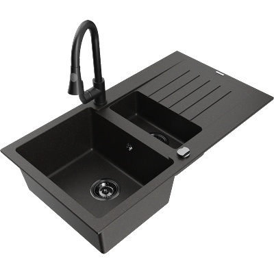 Mexen Matias мивка гранитна 1, 5-камерна с отцедник и кухненски смесител Elia, черен/златен металик - 6502-75-670101-70-B (6502-75-670101-70-B)