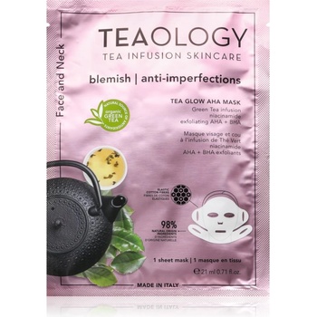 Teaology Tea Glow Blemish AHA Purifying Mask платнена маска с почистващ и освежаващ ефект за шия и деколте 21ml