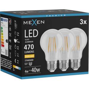 Mexen Vintis 3x LED филаментна крушка E27, A60, 4W, Топла - 2700K, 470 lm, прозрачна (L150-E27-0427-00x03)