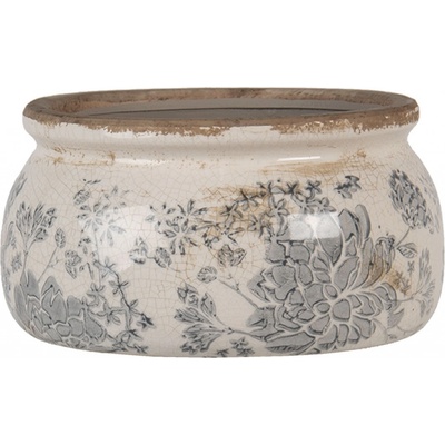 Clayre & Eef Keramický kvetináč so sivými kvetmi Valeria M 16 x 8 cm