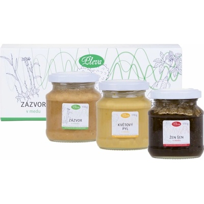 Darčeková krabička s medmi - zázvor, kvetový peľ a ženšen v mede 3 x 170 g - Pleva