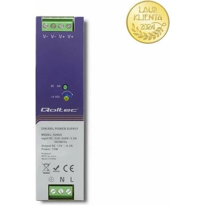 Qoltec 50905 – Průmyslový napájecí zdroj na DIN lištu 75 W / 12 V / 6,3 A