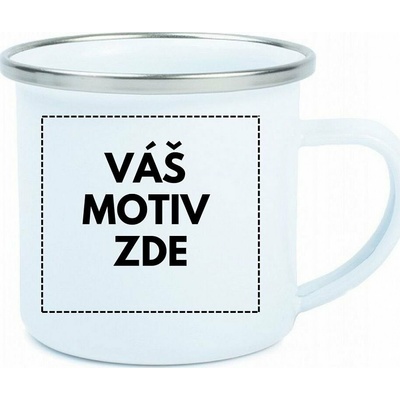 AveTech Smaltovaný plechový bílý hrnek se stříbrným lemem 180 ml