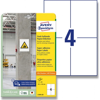Avery Zweckform L7876-20 etikety s vysokou lepivostí 105 x 148 mm 80 etiket bílé