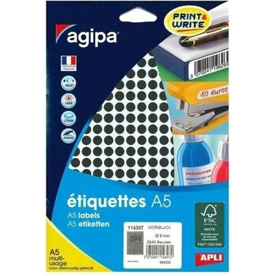 Etikety kruhové 8mm Agipa A5 čierne