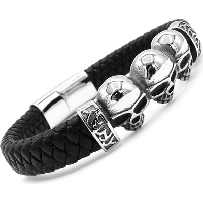 Steel Jewelry pánský černý kožený náramek s kombinací chirurgické oceli lebky 231025